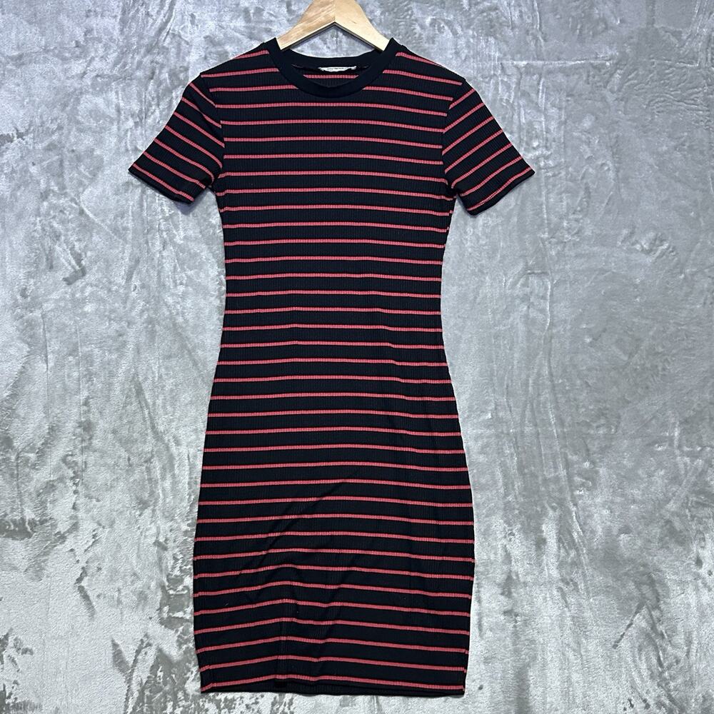 Zara Trafaluc Ribbed Bodycon Dress Womens Size S Black Red Striped Mini Casual